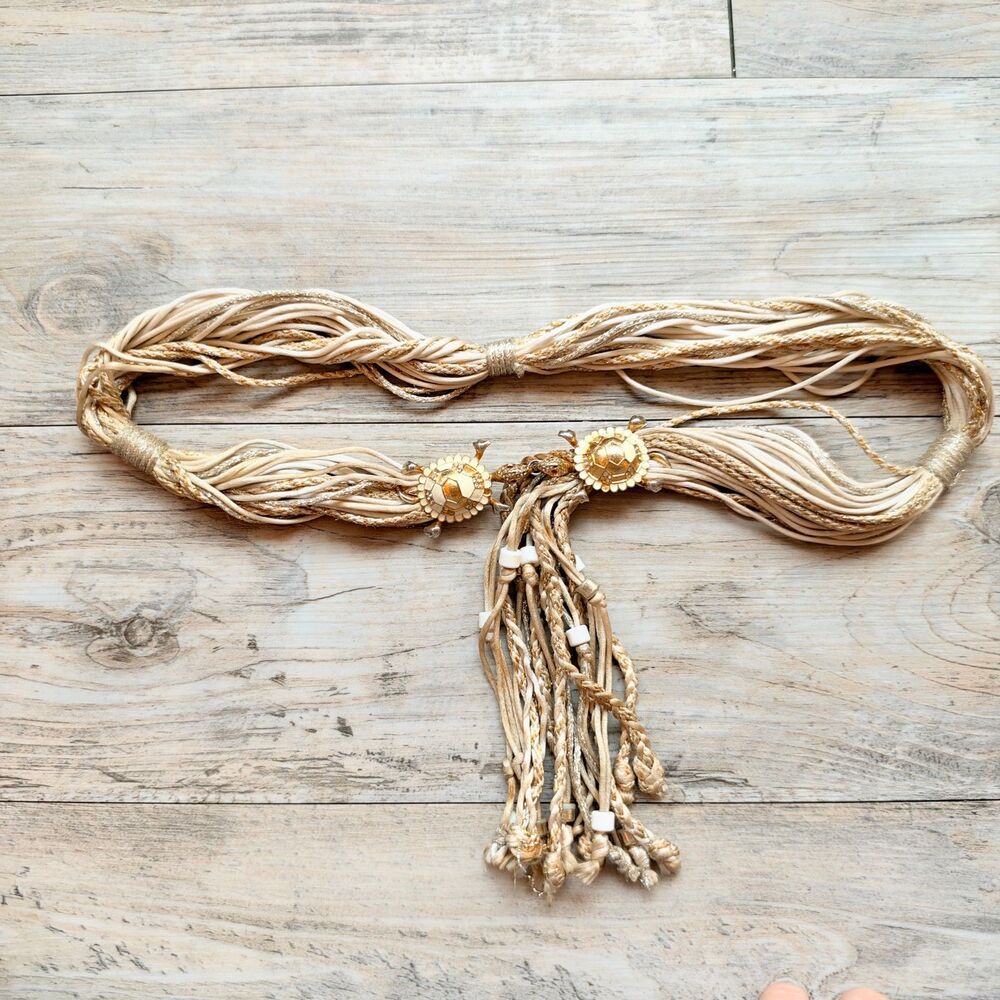Gold Cream Braided Turtle Belt Size 30 Tassel Fringe Boho Y2K Statement Belt